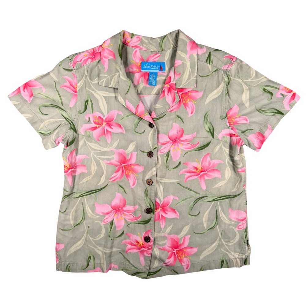 Island Winds Fine Anytime Floral Button Down Small Women Gray Pink Rayon Shirt